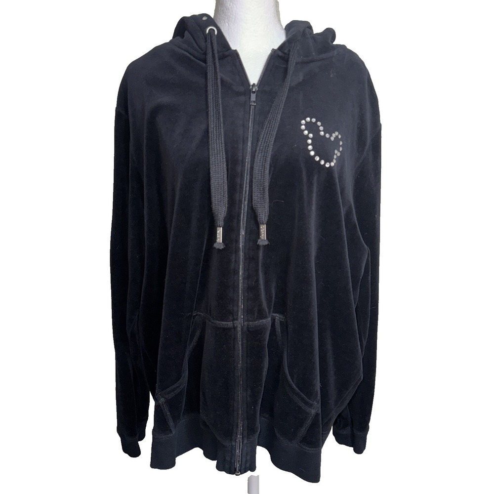 Disney Parks Mickey Mouse Black Velour Hoodie 2X Rhinestone Bling Y1K Aesthetic